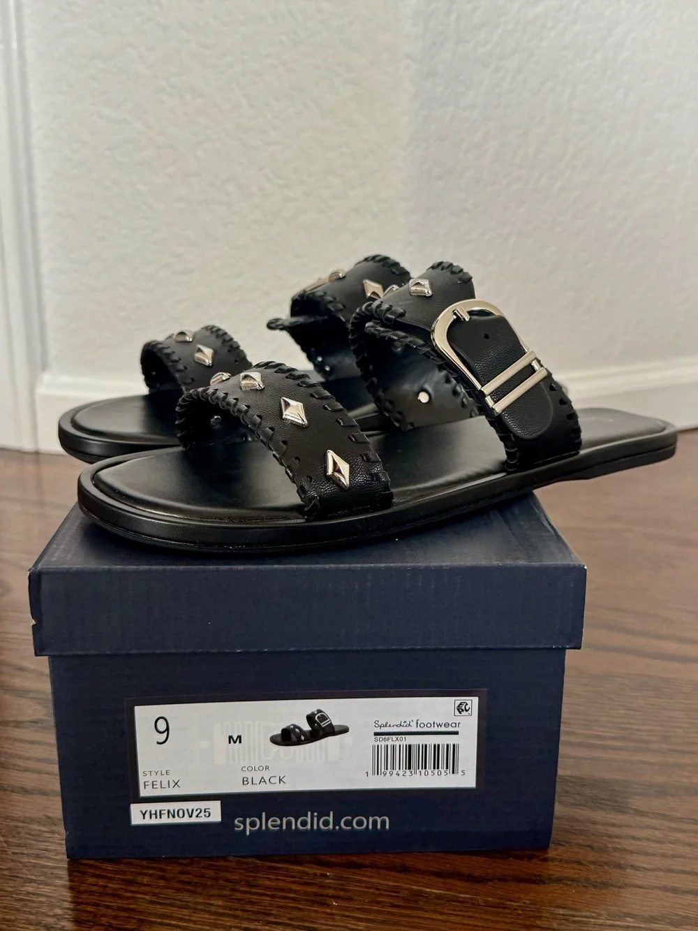 New in Box! Splendid Felix Black Silver Studded Double Strap Slide Sandal